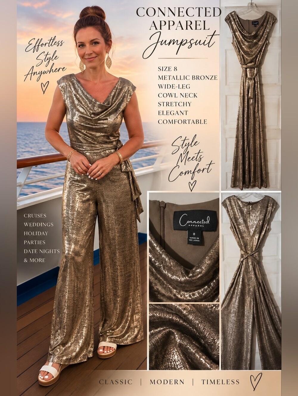 Connected Apparel Metallic Bronze Wide-Leg Jumpsuit Size 8 Stretch Cowl Neck
